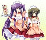  ;d breast_envy brown_hair clannad fujibayashi_kyou ibuki_fuuko long_hair multiple_girls open_mouth paco parfait purple_eyes purple_hair smile thigh-highs thighhighs tray twintails very_long_hair violet_eyes waitress wink yellow_eyes 
