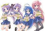  ahoge blue_eyes blue_hair glasses gray_pantyhose hair_ribbon heart heart_hands hiiragi_kagami hiiragi_tsukasa izumi_konata kimchii long_hair lucky_star midriff mima_chi moe_moe_kyun! multiple_girls open_mouth pantyhose pink_hair purple_hair ribbon school_uniform serafuku short_hair takara_miyuki twintails 