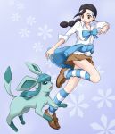  1girl black_hair bow braid brown_eyes glaceon gym_leader hair_ornament hairclip jacket kneehighs loose_socks ni-jo pokemon pokemon_(creature) pokemon_(game) pokemon_dppt ribbon skirt socks striped striped_kneehighs striped_socks suzuna_(pokemon) twin_braids 