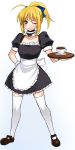  azu blush choker cup fate/stay_night fate_(series) maid ponytail saber sweatdrop teacup thigh-highs thighhighs tray wink zettai_ryouiki 