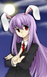  1girl akayan animal_ears commentary_request formal full_moon lavender_hair long_hair moon necktie night pointing pointing_at_viewer rabbit_ears red_eyes reisen_udongein_inaba suit touhou 