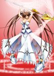  bad_id bare_shoulders breasts brown_hair cleavage large_breasts long_hair magic_circle mahou_shoujo_lyrical_nanoha mahou_shoujo_lyrical_nanoha_strikers octagram purple_eyes raising_heart red_background star_of_lakshmi takamachi_nanoha twintails very_long_hair violet_eyes 