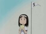  1girl 5 ^_^ a animated animated_gif azumanga_daioh bread closed_eyes eating flag food gym_uniform headband kasuga_ayumu lowres melon_bread number smile solo subtitled |_| 