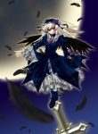  00s 1girl black_dress black_wings collarbone cross detached_collar dress dutch_angle feathers flower frilled_sleeves frills full_moon hairband lolita_hairband long_sleeves looking_at_viewer moon night parted_lips red_eyes rose rozen_maiden serious silver_hair solo standing suigintou wings 