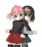  2girls :d antenna_hair back-to-back black_legwear blush bosshi child flat_chest green_eyes green_hair hair_bobbles hair_ornament locked_arms looking_back miniskirt moe moe_(bosshi) moe_(character) multiple_girls open_mouth original pink_hair pleated_skirt red_eyes short_hair short_twintails simple_background skirt smile standing thigh-highs turtleneck twintails yu_(bosshi) zettai_ryouiki 