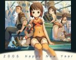  00s 1boy 2006 3girls bird breasts brown_eyes brown_hair child cleavage duck from_behind hug leaning_forward looking_back medium_breasts multiple_girls new_year original short_hair shorts sitting small_breasts smile syzluna thigh-highs tougetsu_gou zettai_ryouiki 