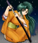  1girl green_hair japanese_clothes jochuu-san lowres oekaki original solo sword weapon yagisaka_seto 