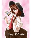  1girl brown_eyes brown_hair can english female ghostly_field_club hat necktie one_eye_closed skirt solo touhou usami_renko wink 