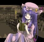  1girl book bow crescent dress female hat izumi_yukiru long_hair low-tied_long_hair mob_cap patchouli_knowledge pink_bow solo striped striped_dress tied_hair touhou vertical_stripes 