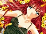  1girl blue_eyes castle_fantasia collarbone flower game_cg long_hair lying petals redhead solo yamamoto_kazue 