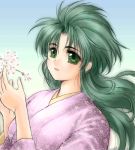  1girl cherry_blossoms flower green_eyes green_hair japanese_clothes jochuu-san kimono long_hair lowres oekaki original solo upper_body yagisaka_seto 