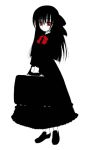  1girl black_hair gothic_lolita high_contrast lolita_fashion looking_at_viewer monochrome red_eyes ribbon solo spot_color suitcase white_background 
