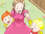  1girl 2boys :d blonde_hair blush brown_hair claus dress flower grass hand_holding hinawa looking_back lowres lucas mother_(game) mother_3 multiple_boys nintendo oekaki open_mouth outdoors pink_dress plant short_sleeves sidelocks smile upper_body 