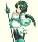 1girl green_hair hair_tubes jochuu-san lowres oekaki original pantyhose polearm solo weapon yagisaka_seto 