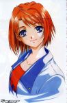  1girl blue_eyes blush close-up collarbone fukano_youichi grey_background jacket lips looking_at_viewer my-hime my-otome open_clothes open_jacket orange_hair red_shirt redhead shirt short_hair signature simple_background smile solo t-shirt tokiha_mai upper_body 