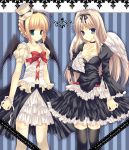  2girls ahoge angel_wings artoria_pendragon_(all) crossover demon_wings fate/stay_night fate_(series) gothic gothic_lolita hay kusugawa_sasara lolita_fashion miniskirt parody ribbon saber skirt tatekawa_mako thigh-highs to_heart_2 wings wnb_mark zettai_ryouiki 