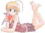  1girl :o ahoge barefoot blonde_hair blue_eyes braid casual dorago eating fate/stay_night fate_(series) feet food fruit hair_bun hair_ribbon holding holding_fruit lying on_stomach open_mouth ribbon saber simple_background skirt solo toes watermelon white_background 