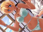  1boy 1girl bikini blonde_hair blue_eyes blush bracelet breasts cleavage dark_skin dutch_angle game_cg ganguro jewelry large_breasts lingerie measuring midriff mizuki_(quilt) necklace quilt quilt_(game) short_hair side-tie_bikini sugiyama_genshou swimsuit takumi_(quilt) tan tape_measure underwear window 