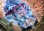  1girl amamizu_(myofuu_kai) artist_request butterfly cart cherry_blossoms dutch_angle female flower hakugyokurou hand_holding hands hat japanese_clothes kimono open_mouth outdoors pink_hair red_eyes saigyou_ayakashi saigyouji_yuyuko short_hair solo tears touhou tree 