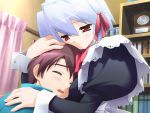  1boy 1girl blue_hair blush bookshelf closed_eyes comforting game_cg gayarou hand_on_head head_rest hug kotonomiya_yuki maid maid_headdress open_mouth purple_hair red_eyes short_hair smile suigetsu tears wrist_cuffs 