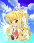  1girl air blonde_hair clouds green_eyes hair_ribbon kamio_misuzu nishida_asako ponytail portrait ribbon school_uniform sky solo wings 