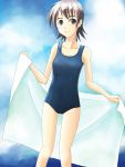  1girl bare_shoulders brown_eyes brown_hair kusakabe_(kusakabeworks) one-piece_swimsuit school_swimsuit short_hair solo swimsuit towel 