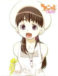  1girl :d bare_shoulders behind_back brown_hair choko choko_(chokotto_sister) chokotto_sister dress flower hat jewelry long_hair necklace open_mouth pendant shaded_face sidelocks simple_background sleeveless sleeveless_dress smile solo takeuchi_sakura violet_eyes white_background 