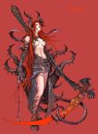 1girl anima_beyond_fantasy armor breasts claws demon_girl gloves holding_scythe holding_weapon hook horns long_hair open_clothes open_shirt pointy_ears red_eyes redhead scythe shinigami shirt solo tail underboob weapon wen-m