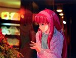  1girl 90s aran_sweater bangs fingernails fujisaki_shiori hairband jpeg_artifacts kokura_masashi long_hair long_sleeves night official_art pink_hair profile reflection scan scarf solo sweater tokimeki_memorial tokimeki_memorial_1 upper_body 