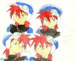  1boy 90s annoyed concept_art game_arts goggles grandia grandia_i hat hontani_toshiaki justin_(grandia) male_focus official_art redhead sketch traditional_media watercolor_(medium) 