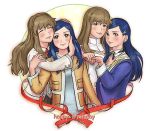  4girls birthday blue_hair brown_hair crossover fujino_shizuru green_eyes hair_ornament hug ikeda_(cpt) kuga_natsuki long_hair multiple_girls my-hime my-otome natsuki_kruger red_eyes school_uniform shizuru_viola yuri 