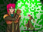  1boy arm_guards armor cloak crossover green_eyes jojo_no_kimyou_na_bouken kakyoin_noriaki kakyouin_noriaki looking_at_viewer male_focus mosaic_background orochi_herman pink_hair pixel_art priest priest_(ragnarok_online) ragnarok_online shoulder_pads 