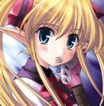  1girl bangs blonde_hair blue_eyes blush bow bowtie close-up colette_brause elf face flat_chest guitar hair_between_eyes hair_ribbon instrument long_hair long_pointy_ears looking_at_viewer looking_back mouth_hold pastel_chime plectrum pointy_ears ribbon school_uniform sidelocks solo striped turtleneck twintails yuuki_tatsuya 