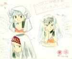  1girl 90s alternate_headwear annoyed concept_art dress face feena_(grandia) flower game_arts grandia grandia_i green_eyes green_hair hair_ornament hand_on_own_face hontani_toshiaki official_art sketch smile traditional_media veil watercolor_(medium) wedding wedding_dress 