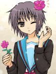  1girl flower lowres nagato_yuki school_uniform serafuku solo suzumiya_haruhi_no_yuuutsu 