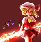 1girl :d bangs blonde_hair bow crystal female fire flandre_scarlet flat_chest frills glowing grin hair_between_eyes hat holding kazami_ruku looking_at_viewer lowres miniskirt necktie open_mouth red_eyes shirt short_hair side_ponytail simple_background skirt smile solo standing sword touhou vest weapon wind_lift wings 