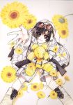  black_hair boots brown_eyes clamp flower from_above goggles nekoi_yuzuriha official_art short_hair shorts sitting smile stuffed_animal stuffed_toy sunflower teddy_bear x_(manga) 