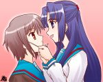  2girls asakura_ryouko blue_eyes blue_hair from_side glasses half_updo kairakuen_umenoka long_hair long_sleeves looking_at_another multiple_girls nagato_yuki pink_background purple_hair school_uniform shirt short_hair sidelocks simple_background suzumiya_haruhi_no_yuuutsu white_shirt 