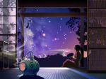  1girl fan incense japanese_clothes kagaya kimono night night_sky paper_fan peaceful porch scenery sky solo star star_(sky) starry_sky uchiwa veranda wallpaper wind_chime yukata 