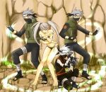  1girl 3boys ;o artist_request bandage barefoot bikini black_gloves clone collarbone fighting_stance fingerless_gloves full_body genderswap gloves grey_hair groin hatake_kakashi headband holding holding_weapon kunai leaning_forward long_hair long_sleeves midriff multiple_boys naruto navel one_eye_closed red_eyes rock sandals sexy_no_jutsu short_twintails silver_hair spiky_hair standing swimsuit tattoo thigh_gap twintails weapon wink 