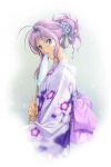  1girl ahoge fan homare_(fool&#039;s_art) japanese_clothes jpeg_artifacts long_hair paper_fan pink_hair solo source_request uchiwa violet_eyes 
