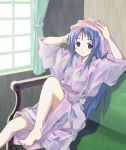  1girl barefoot bathrobe blue_eyes blue_hair blush couch green_upholstery kazuki_kiyoto leg_up long_hair original sitting solo towel towel_on_head violet_eyes window 