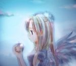 1girl angel apple blonde_hair expressionless food fruit holding holding_fruit long_hair looking_away original profile shiina_asako solo wings 