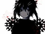  1girl androgynous black black_eyes black_hair blood expressionless hair_ornament hairclip jpeg_artifacts solo spot_color tattoo white_background 