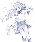  1girl akata_itsuki bag monochrome navel original running school_uniform serafuku simple_background sketch skirt solo sweat 