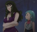  2girls aqua_hair braid choker crossed_arms dominura drill_hair green_hair hair_ornament hairclip jewelry lipstick long_hair makeup multiple_girls necklace rimone screencap short_hair simoun sleeveless stitched violet_eyes 