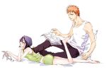  1boy 1girl ass barefoot bed bed_sheet black_hair bleach kuchiki_rukia kurosaki_ichigo lying magazine midriff on_stomach orange_hair pillow reading short_hair shorts stuffed_animal stuffed_bunny stuffed_toy tank_top 