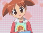  1girl animated animated_gif apron azumanga_daioh brown_eyes child cooking flower frying_pan lowres mihama_chiyo open_mouth orange_hair school_uniform screencap short_twintails solo sunflower twintails upper_body 