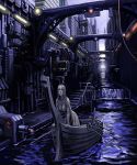  1girl all_fours boat breasts canal city cleavage dark large_breasts oar original purple science_fiction solo sugiura_yoshio viking water watercraft waterfall 