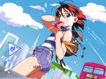  1girl 90s backpack bag bus denim denim_shorts ground_vehicle motor_vehicle photoshop popsicle shorts solo soreyuke!_uchuu_senkan_yamamoto_youko vehicle wallpaper watanabe_akio yamamoto_youko 